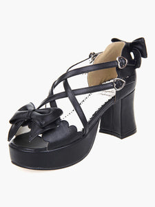 Black Lolita Heels Platform Crossing Straps Bow PU Lolita Shoes