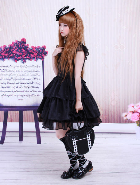 Rayon Yarn Black Lolita OP Dress with Ruffles Waist Belt