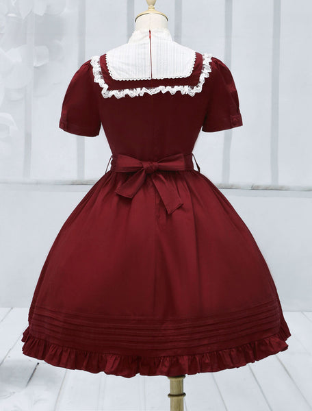 Dark Red Cotton Lolita One-piece Dress Short Sleeves Stand Collar Waist Belt