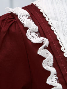 Dark Red Cotton Lolita One-piece Dress Short Sleeves Stand Collar Waist Belt