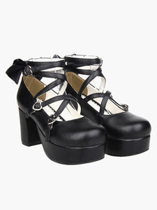 Black Platform Chunky Heels Lolita Shoes PU Ankle Straps Bow Decor Round Toe