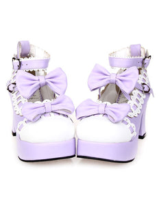 Sweet Chunky Heels Lolita Shoes Platform Bows White Trim Ankle Strap Heart Shape Buckles