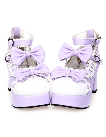 Sweet Chunky Heels Lolita Shoes Platform Bows White Trim Ankle Strap Heart Shape Buckles