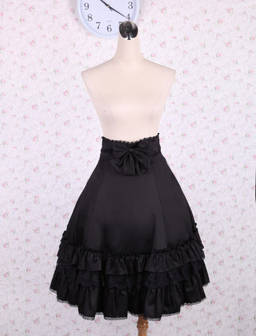 Elegant Black High Waist Lolita Skirt Ruffles Bow and Lace Trim