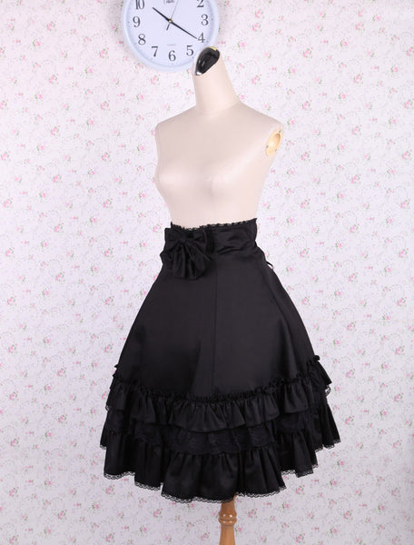 Elegant Black High Waist Lolita Skirt Ruffles Bow and Lace Trim