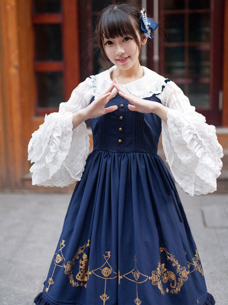 Sweet Lace Printed Buttons Synthetic Lolita Jumper Skirt