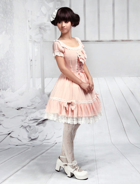Sweet Pink Bow Chiffon Lolita One-Piece