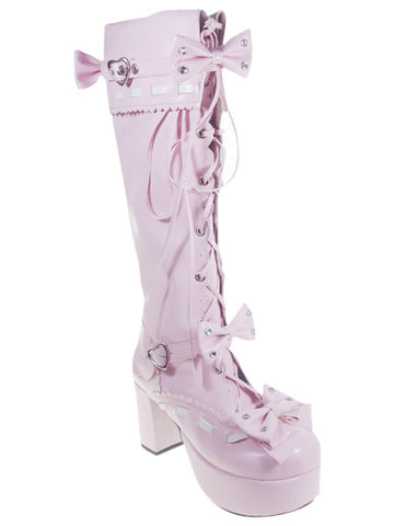 Sweet Pink Chunky Heel PU Stud Zipper Platform Bandage Lolita Boots