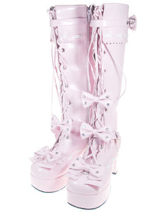 Sweet Pink Chunky Heel PU Stud Zipper Platform Bandage Lolita Boots