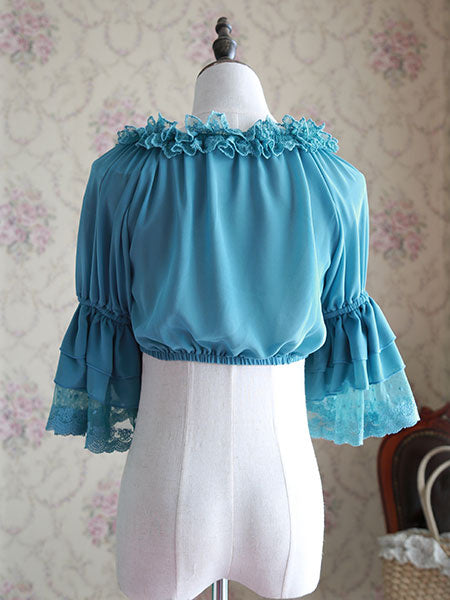 White Chiffon Lolita Blouse Middle Hime Sleeves Lace Trim High Waist