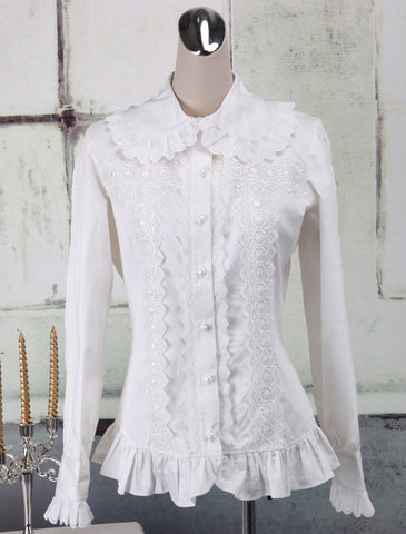 Sweet White Cotton Lolita Blouse Long Sleeves Ruffles Lace Trim Turn-down Collar