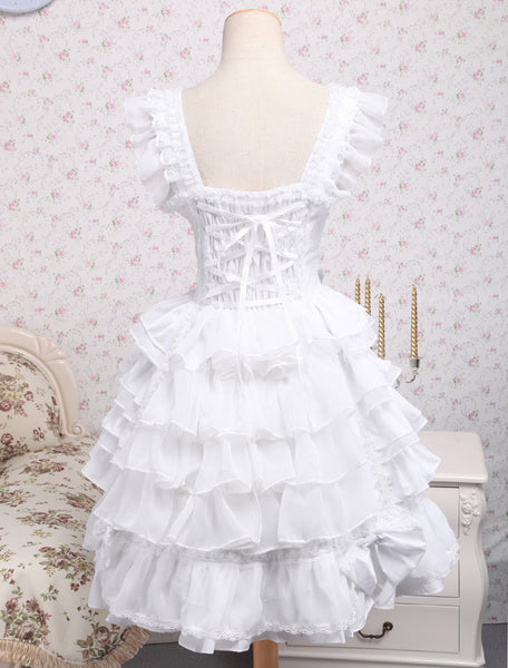 Rococo Lolita JSK Dress Lace Bow Ruffle White Cotton Lolita Jumper Skirt