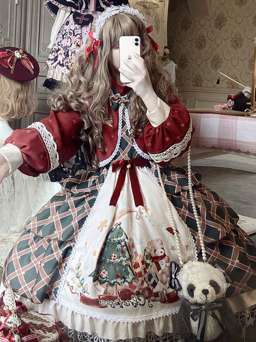 Sweet Lolita OP Dress Christmas Cute Bear Autumn/Winter Thickened Long Sleeves Dress