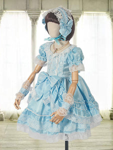 Rococo Lolita OP Dress Lace Trim Bow Ruffle Light Sky Blue Children Lolita One Piece Dress