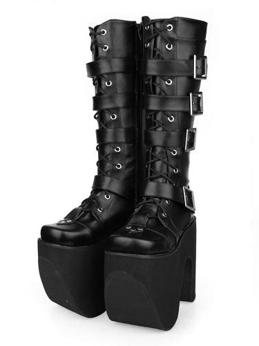Black Thick Sole Buckle PU Leather Round Toe Lolita Boots