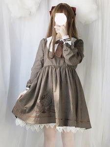 Classic Lolita OP Dress Lace Trim Bow Pleated Brown Lolita One Piece Dress