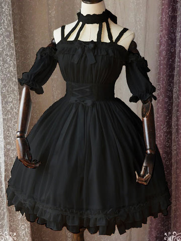 Gothic Lolita OP One Piece Dress Magic Tea Party Ruffles Bows Printed Chiffon Short Sleeve Black Lolita Dresses