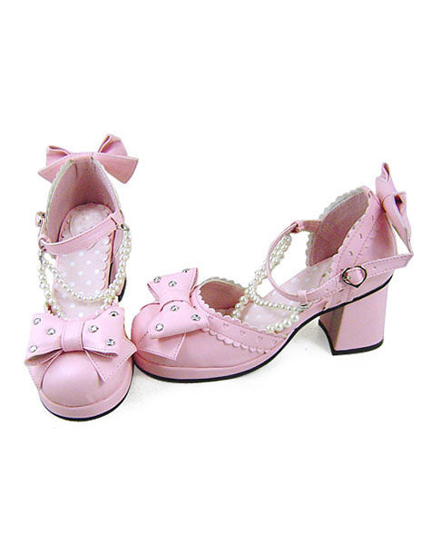 Sweet Lolita Heels Heels Shoes Square Heels with Bows and Pearls