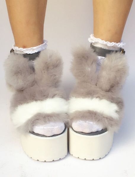 Sweet Lolita Shoes Faux Fur Bunny Platform Chunky Heel Open Toe Lolita Sandals