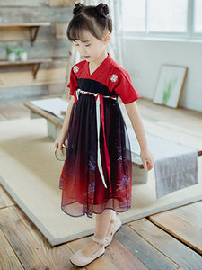 Chinese Style Lolita Dress OP Ombre Pleated Burgundy Children Lolita OP Dress
