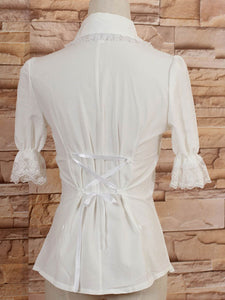 White Middle Sleeves Lolita Blouse with Lapel and Ruffles