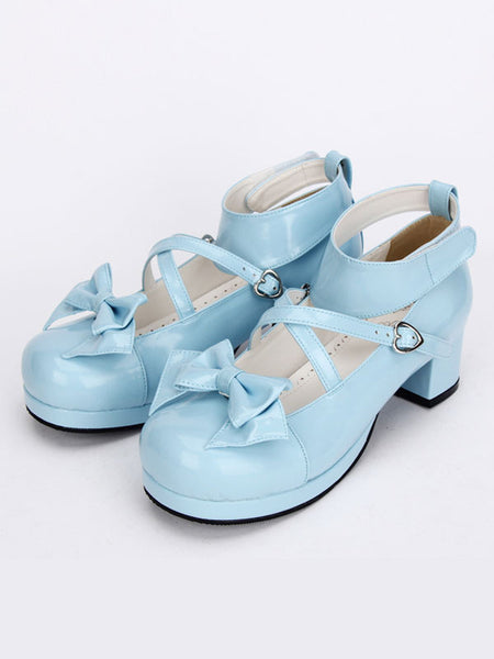 Sweet Lolita Shoes Light Blue Cross Bow Cute Lolita Shoes Ankle Strap Low Heels Lolita Pumps With Detachable Bow