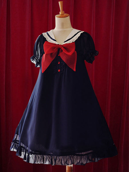 Navy Lolita Dress Bow A-Line Chiffon Dress for Women