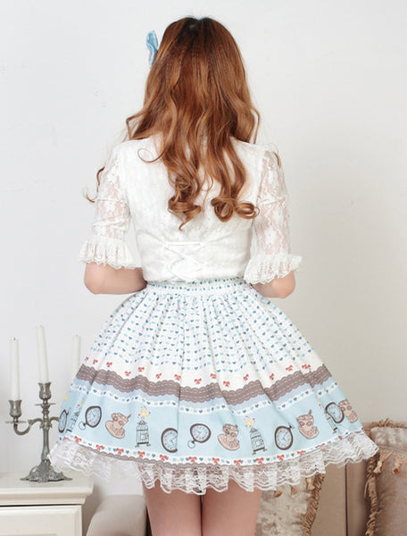 Sweet Light Blue Lolita Short Skirt Lace Trim Heart Print