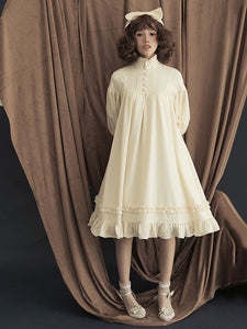 Sweet Lolita One Piece Dress Cotton Ruffle Button Ecru White Lolita OP