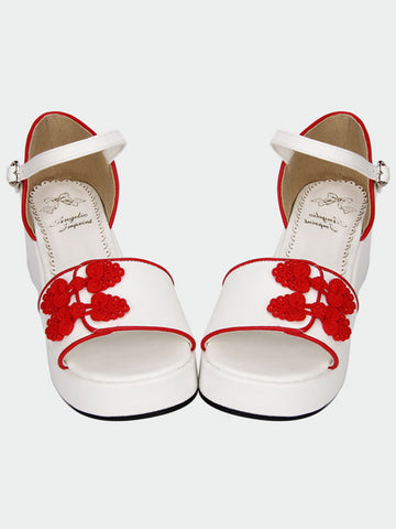 White Qi Lolita Sandals Platform Red Chinese Style Buttons