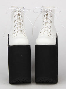Black Lolita Booties Platform Chunky Heel Round Toe Lace Up Lolita Short Boots