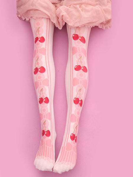 Sweet Lolita Stockings Pink Velvet Cherry Printed Lolita Knee High Socks