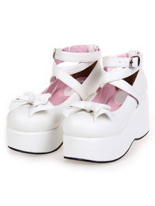 White High Platform Lolita Shoes PU Ankle Straps Bow Decor Round Toe