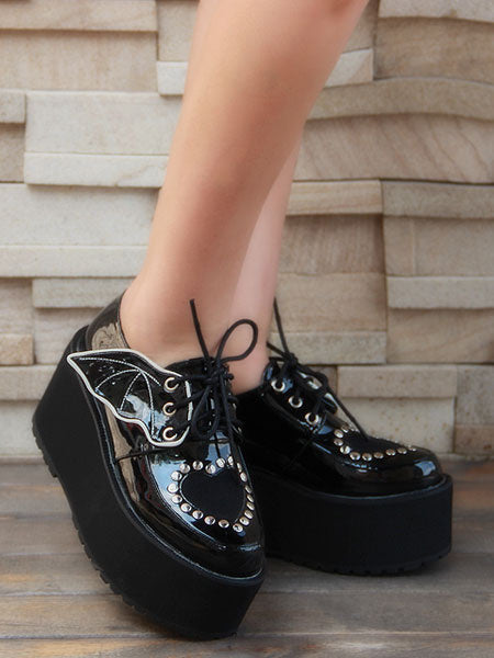 Gothic Lolita Shoes Black Lace Up Platform Studded Gothic Lolita Footwear
