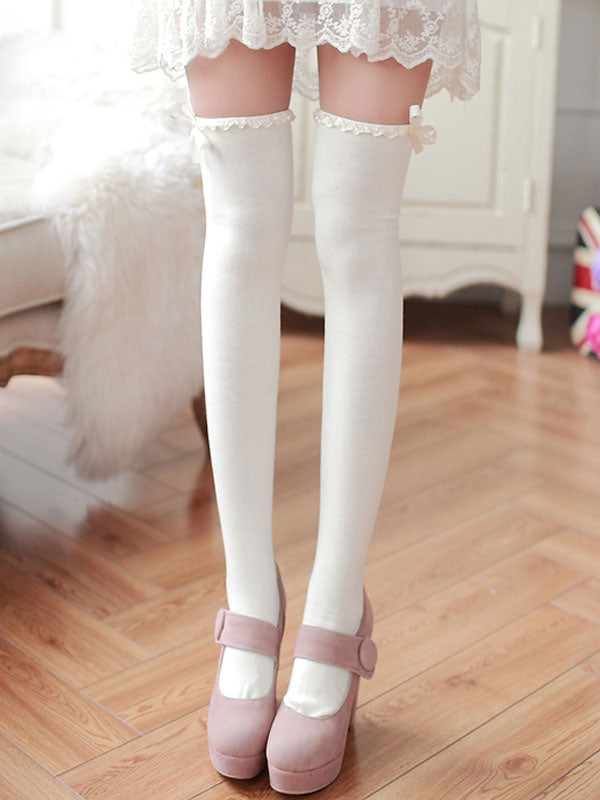 Classic Lolita Stockings White Bows Ribbons Printed Lolita Knee High Socks