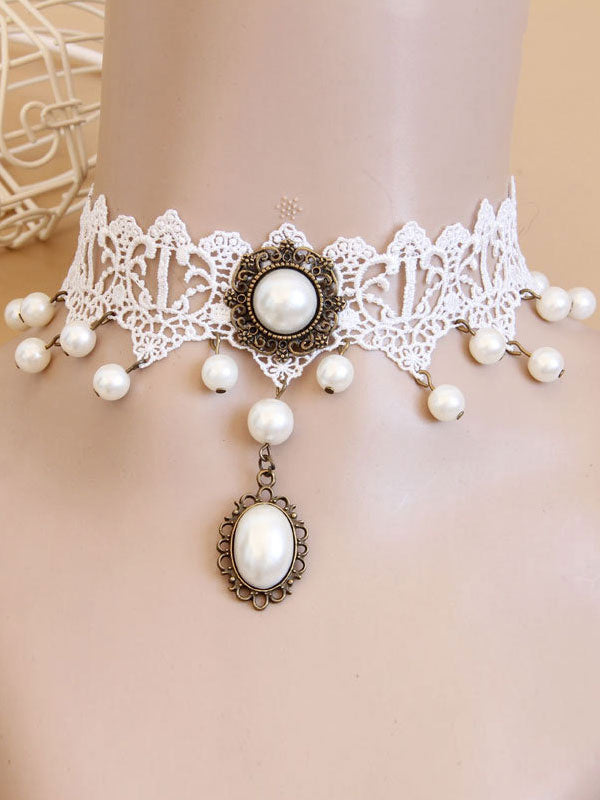 Classic Lolita Necklace Pearl Bead Lace Vintage White Lolita Choker Necklace