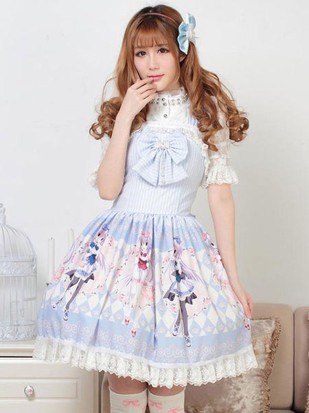 Classic Lolita JSK Dress Light Sky Blue Pearls Bows Lolita Jumper Skirts