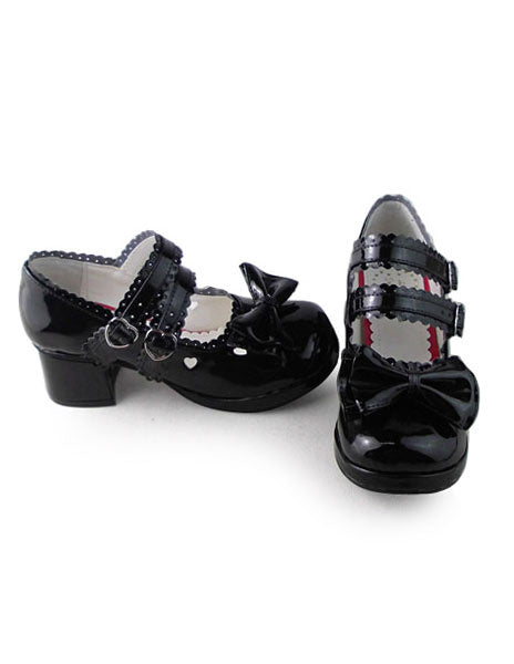Glossy Black Lolita Shoes Square Heels with Sweet Bows