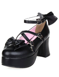 Matte Black Lolita Heels Shoes Platform Shoes Ankle Strap  Buckles Bows