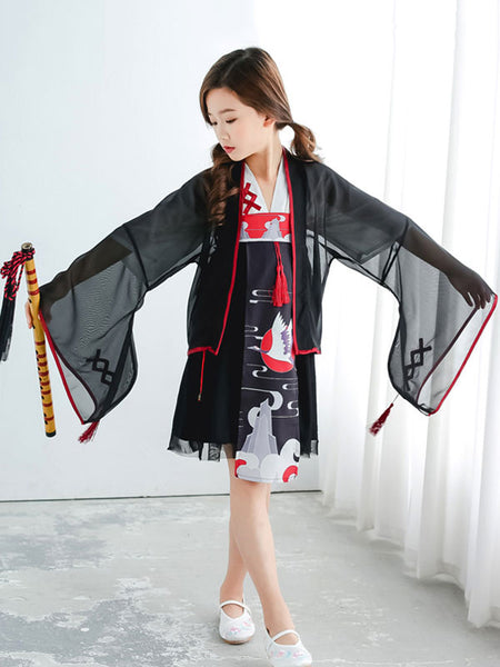 Lolita Dress For Children Chinese Style Lolita Outfit Tassel Print With Kimono Top