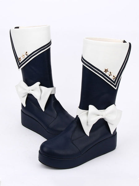 Black Lolita Shoes Round Toe Bow Lolita Rain Boots For Women