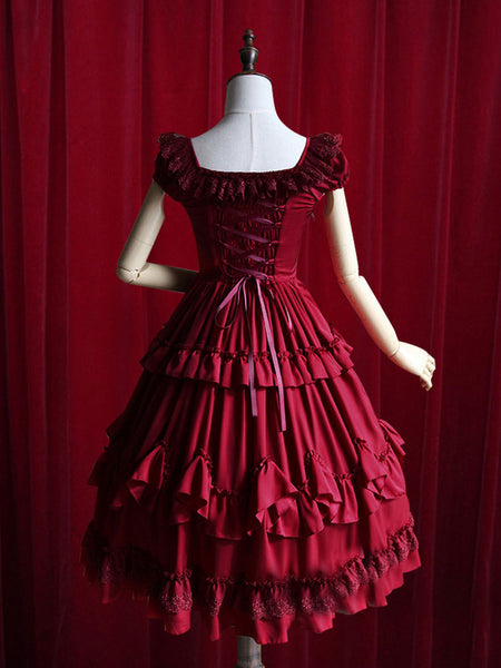 Burgundy Lolita Dress Ruffles Cotton Dress for Women
