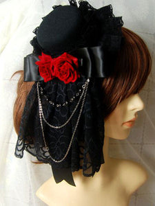 Gothic Lolita Headdress Lace Ruffle Floral Bow Metallic Chain Two Tone Lolita Hair Accessory