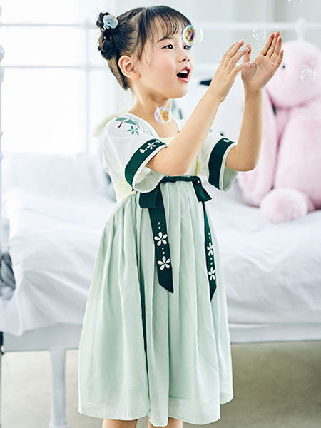 Chinese Style Lolita OP Dress Streaming Light Pleated Embroidered Chiffon Light Green Toddler Lolita OP Dress