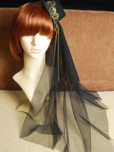 Steampunk Lolita Veil Tulle Hat Metal Detail Chain Black Lolita Headdress