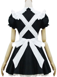 Maid Lolita Outfits Black Puff Sleeve Peter Pan Collar Two Tone OP One Piece Dress With Ruffles Apron And Headpieces