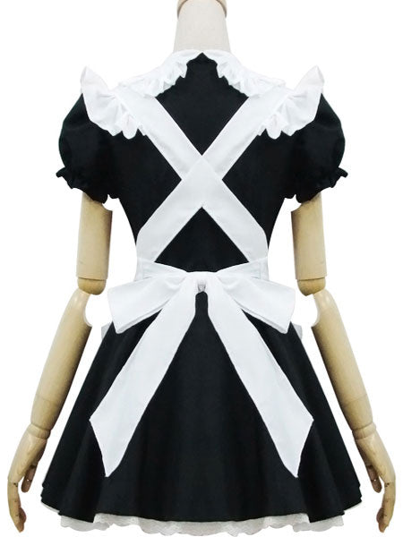 Maid Lolita Outfits Black Puff Sleeve Peter Pan Collar Two Tone OP One Piece Dress With Ruffles Apron And Headpieces