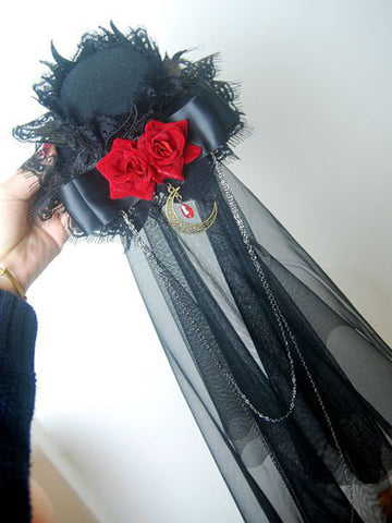Gothic Lolita Veil Tulle Lace Trim Hat Floral Two Tone Bow Black Lolita Headdress
