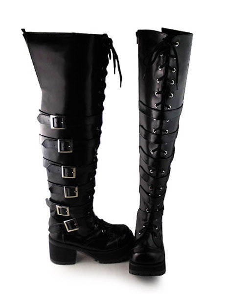 Matte Black Lolita Long Boots Square Heels