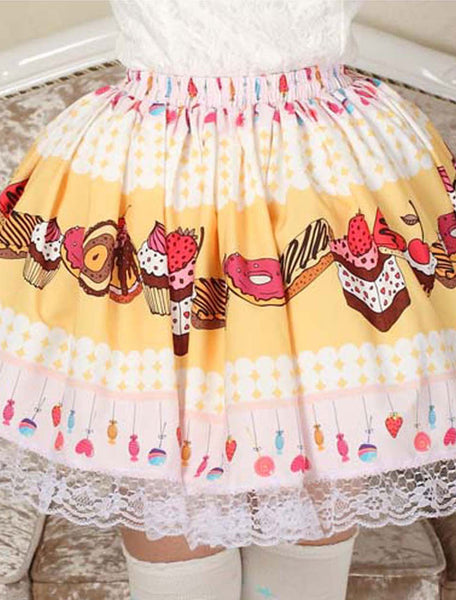 Sweet Yellow Pink Lolita Short Skirt Lace Trim Cake Biscuit Print